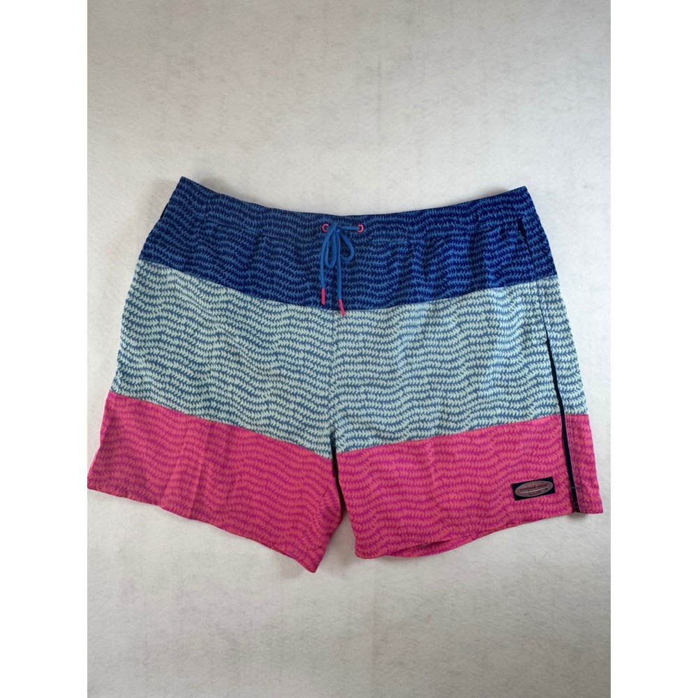 Vineyard Vines Mens 2XL Swim Trunks Pink Blue Colorblock Geometric‎ Wave Shorts